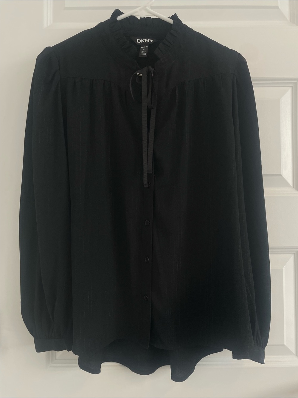 DKNY Black Ruffle Tie-Neck Button Blouse